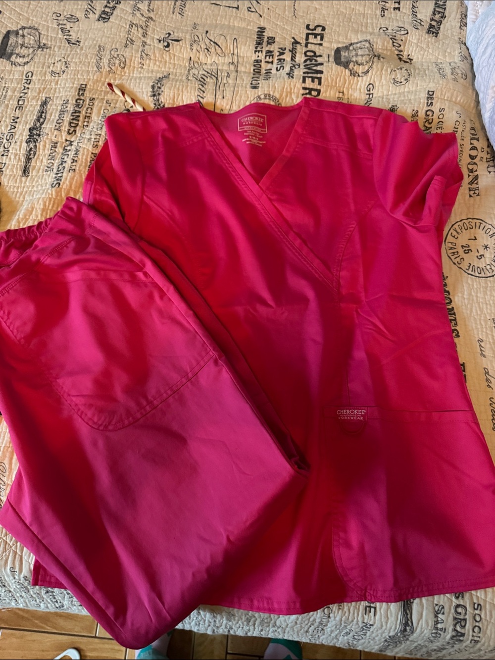 Cherokee Womens V-Neck Scrub Top & Jogger Set - Deep Pink
